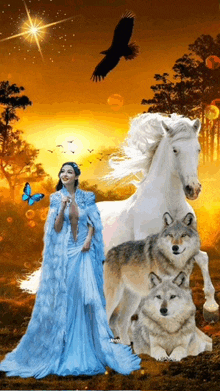 a woman in a blue dress surrounded by wolves and a horse