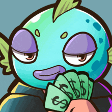 a cartoon drawing of a fish holding a bunch of money