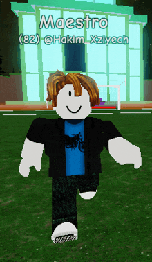 a roblox character named maestro is standing in front of a large building