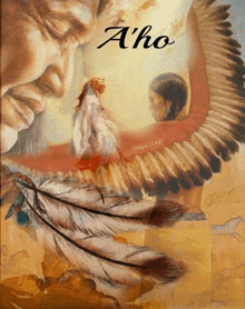 a painting of a man and a woman with feathers and the word a'ho on the top