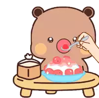 a cartoon of a teddy bear eating a bowl of strawberries with a spoon