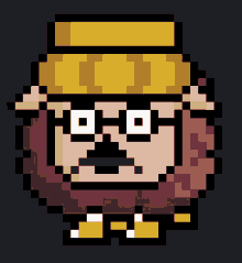 a pixel art of a man wearing a yellow hat and glasses