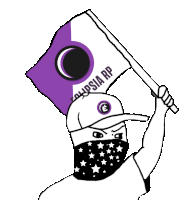 a drawing of a man holding a purple flag that says ' rp ' on it