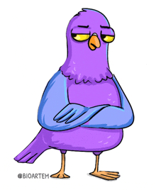 a cartoon drawing of a purple pigeon with arms crossed