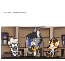 a cartoon of three animals sitting at a table with the caption goat i wonder if they made 32 bit for arceus