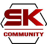 a red and black logo for a community called sk community