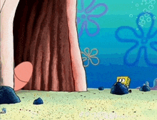 a cartoon scene of spongebob and patrick looking out of a tree trunk