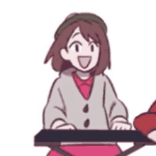 a cartoon girl is sitting at a keyboard with another person .