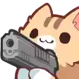 a cat is holding a gun in its mouth and pointing it at the camera .