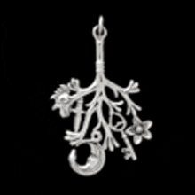 a silver pendant with flowers and leaves on a black background