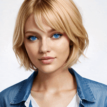 a woman with blonde hair and blue eyes is wearing a denim shirt