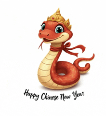 a cartoon snake with a crown on its head and the words " happy chinese new year " below it