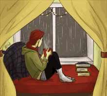 a drawing of a girl sitting in front of a window holding a cup of coffee and looking out the window