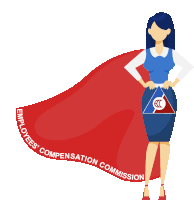 an illustration of a woman with a cape that says employees compensation commission