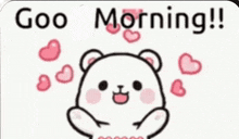 a cartoon of a teddy bear with hearts around it and the words `` goo morning '' .