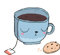 a cartoon drawing of a cup of coffee with a tea bag and a cookie