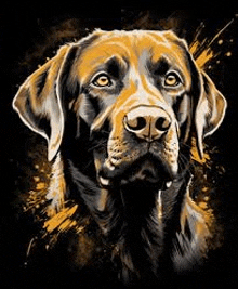 a close up of a dog 's face on a black background with yellow splashes .