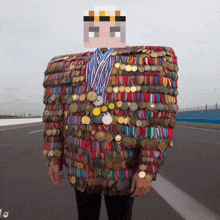 a man wearing a jacket covered in medals with a pixelated face behind him