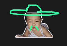 a baby is wearing a green hat with a mustache