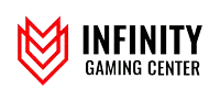 the logo for infinity gaming center has a red arrow on it