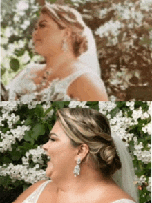 a woman in a wedding dress is standing in front of flowers