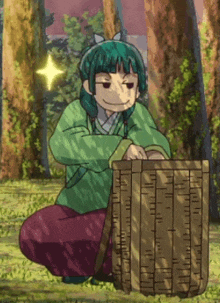 a cartoon girl with green hair is kneeling down next to a basket