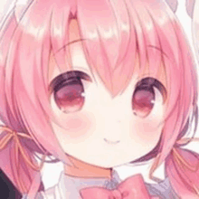 a close up of a pink anime girl with pigtails and a pink bow tie .