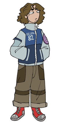 a cartoon drawing of a person wearing a blue jacket with the number 82 on it