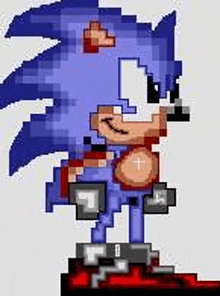 a pixel art of a sonic the hedgehog standing on a red block .