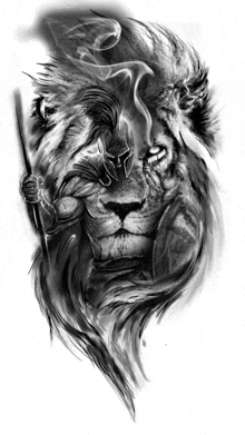 a black and white drawing of a lion with a man in a helmet holding a spear