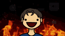 a cartoon of a man smiling in front of a fire with the word sleep on the bottom right