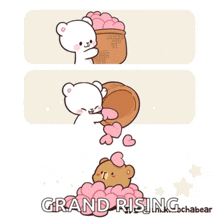 a cartoon of a teddy bear holding a basket of hearts with the words grand rising below it