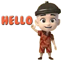 a cartoon character says hello in orange letters on a white background