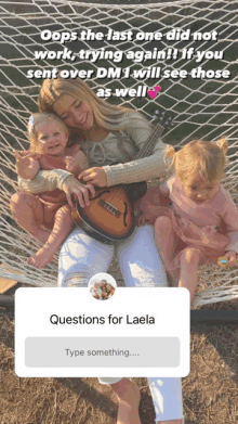 a woman sitting in a hammock holding a guitar and a baby