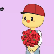 a cartoon character is holding a bouquet of red roses