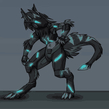 a drawing of a robotic wolf with blue lights on its arms and legs