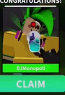 a picture of a cartoon character with a green hair and a skull holding a drink .