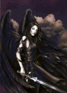 a woman with black wings is holding a sword in her hands .