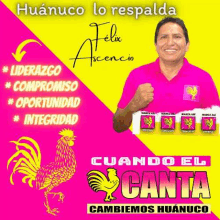 a man in a pink shirt stands in front of a yellow and pink background with a rooster and the words cuando el canta