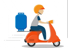 a delivery man is riding a scooter with a blue cylinder on the back .