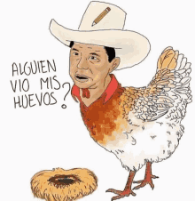 a drawing of a man in a cowboy hat standing next to a chicken and a nest