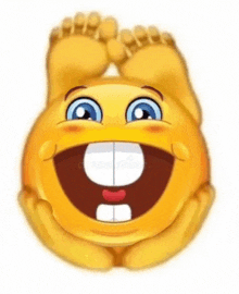 a cartoon smiley face is holding its feet up in the air and smiling .