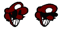 a pair of red cartoon characters with big mouths and teeth .