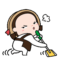 a cartoon girl is cleaning the floor with a mop and making a funny face .