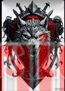 a picture of a wolf with a shield and swords on a red background