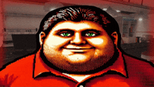 a pixel art of a man with green eyes and a red shirt