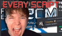 a young boy is screaming in front of a screen that says every script pcm .