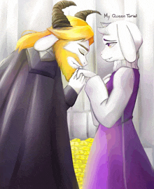 a drawing of a goat and a woman with the words " my queen toriel " on the bottom