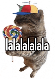 a cat wearing a hat and holding a lollipop with the words lalalalala written above it .