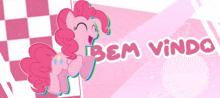 pinkie pie from my little pony is on a pink and white checkered background